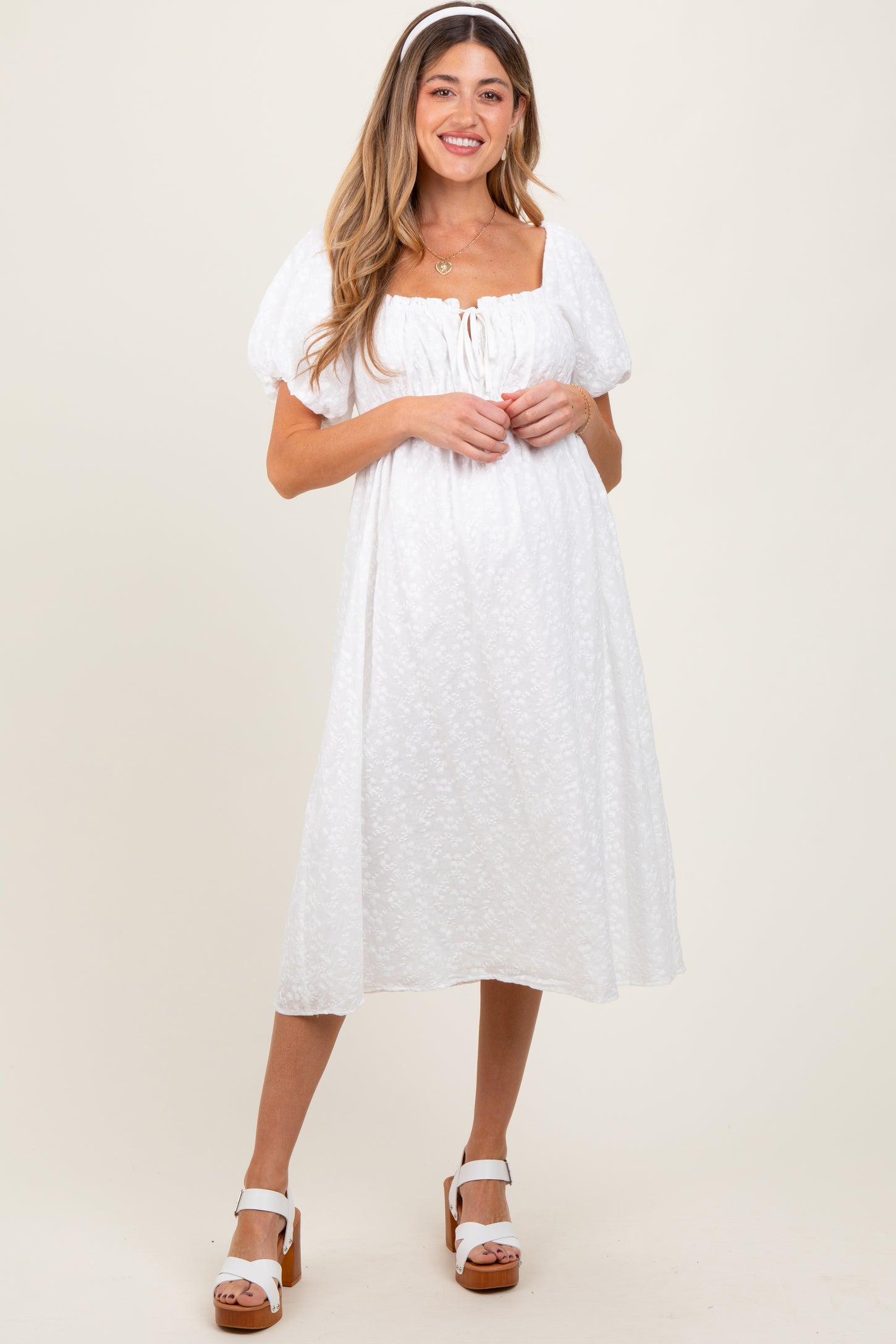 White Eyelet Lace Puff Sleeve Maternity Midi Dress