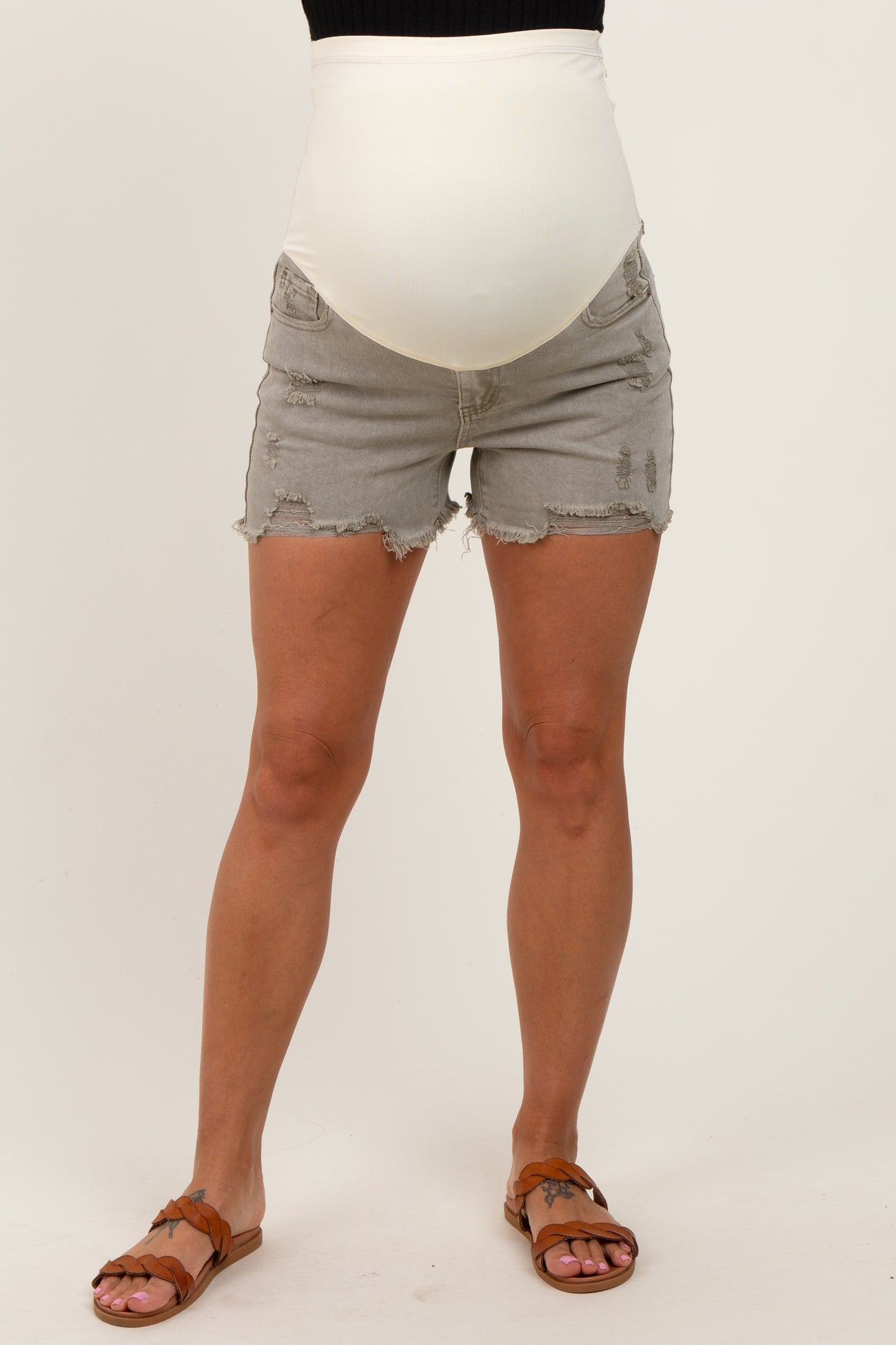Light Olive Distressed Fringe Hem Maternity Jean Shorts