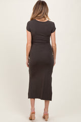 Brown Side Knot Tie Short Sleeve Maternity Midi Dress