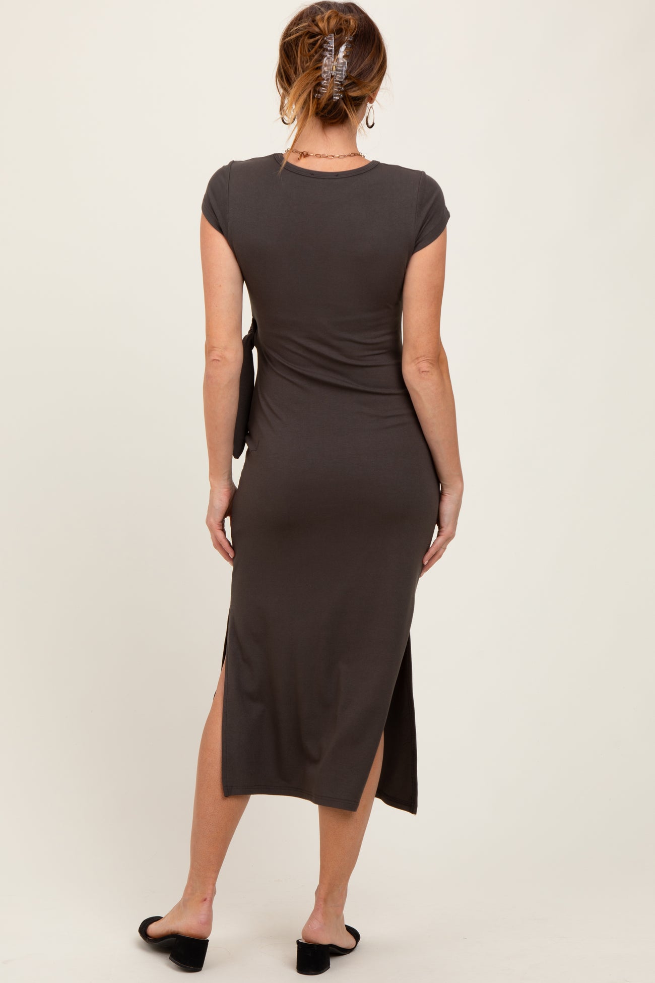Brown Side Knot Tie Short Sleeve Midi Dress