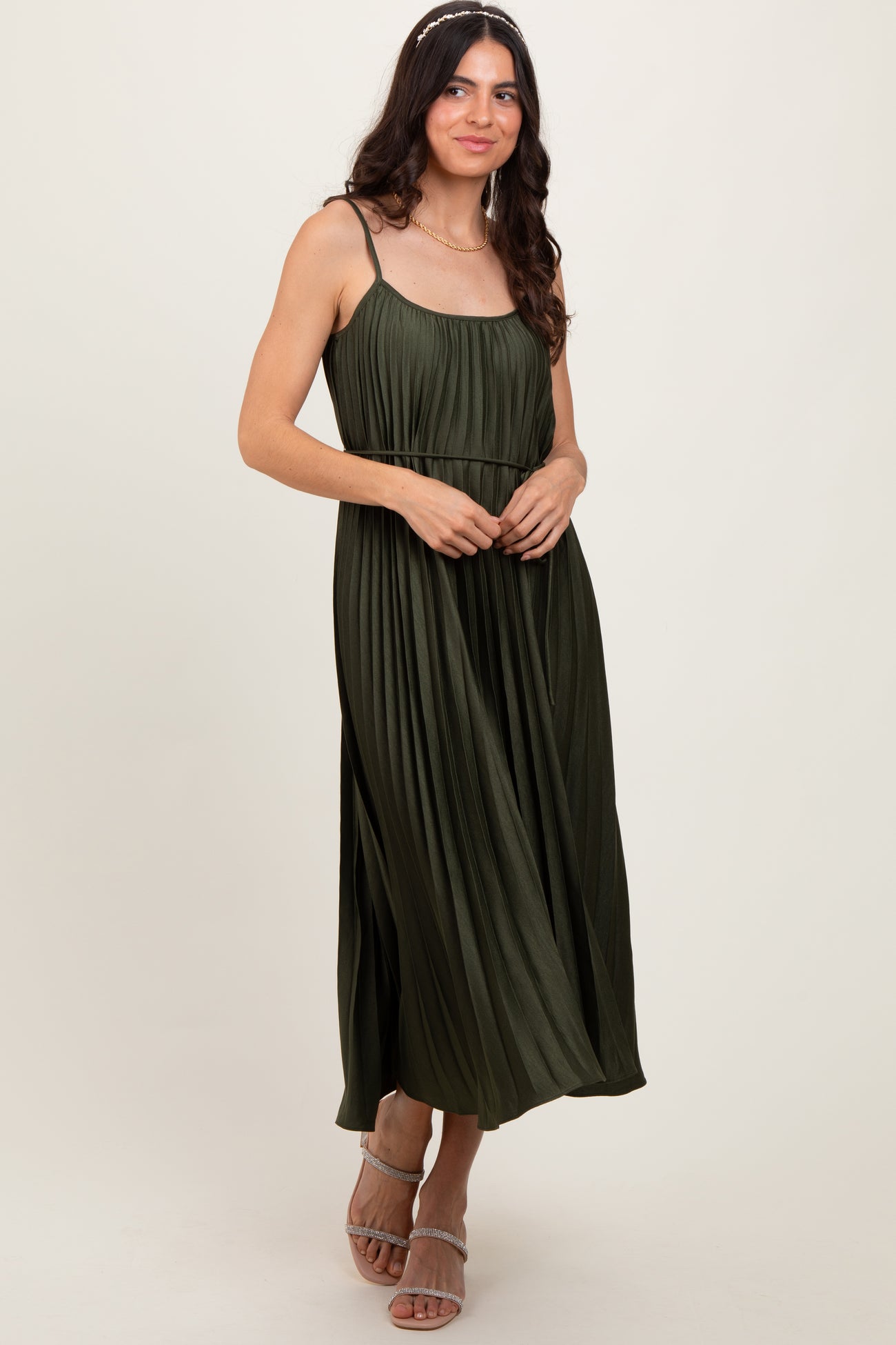 Olive Pleated Sash Tie Maternity Midi Dress