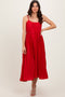 Red Pleated Sash Tie Midi Dress