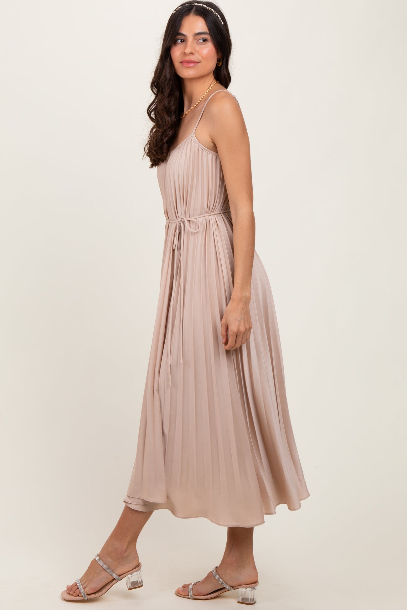 Beige Pleated Sash Tie Midi Dress
