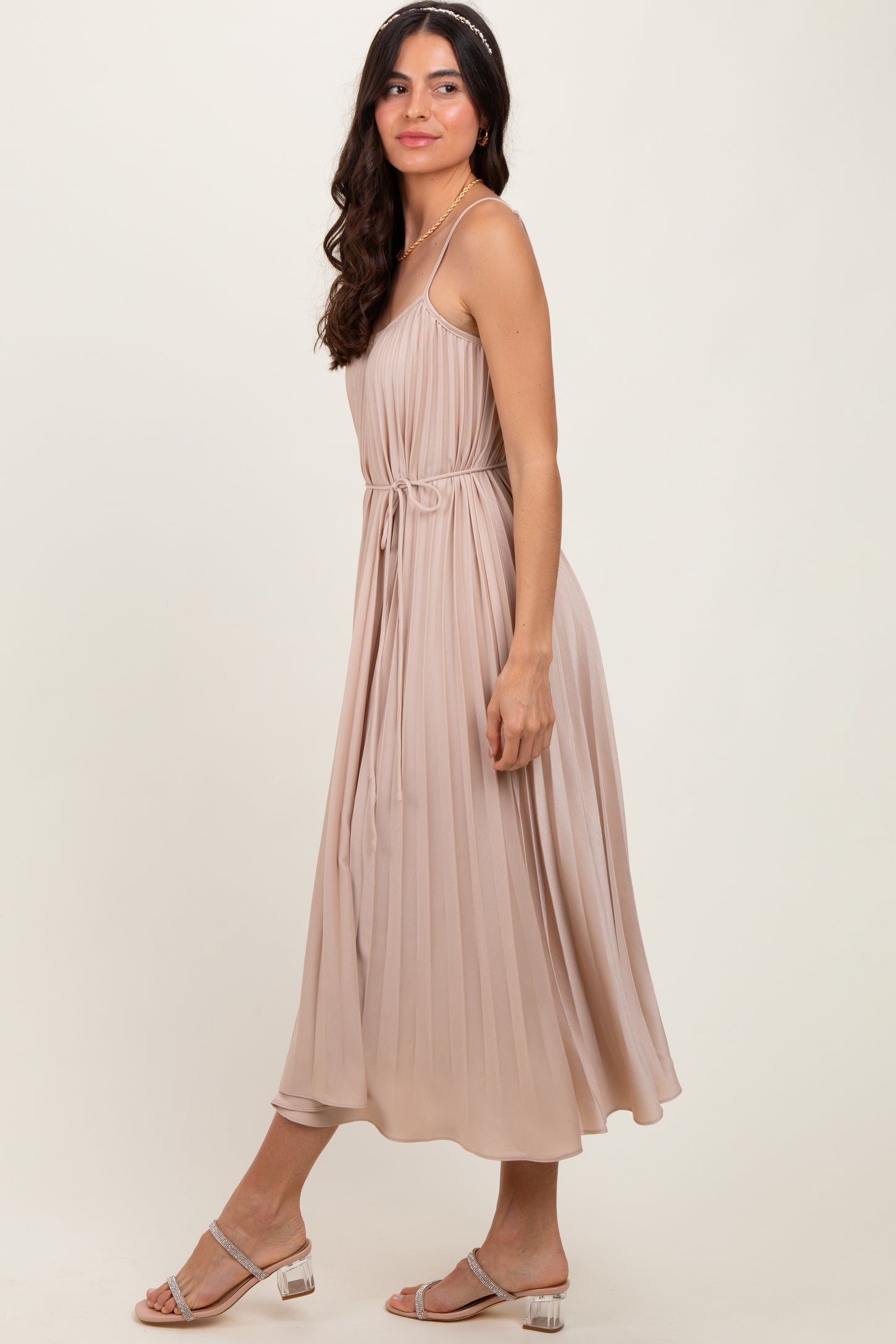 Beige Pleated Sash Tie Midi Dress