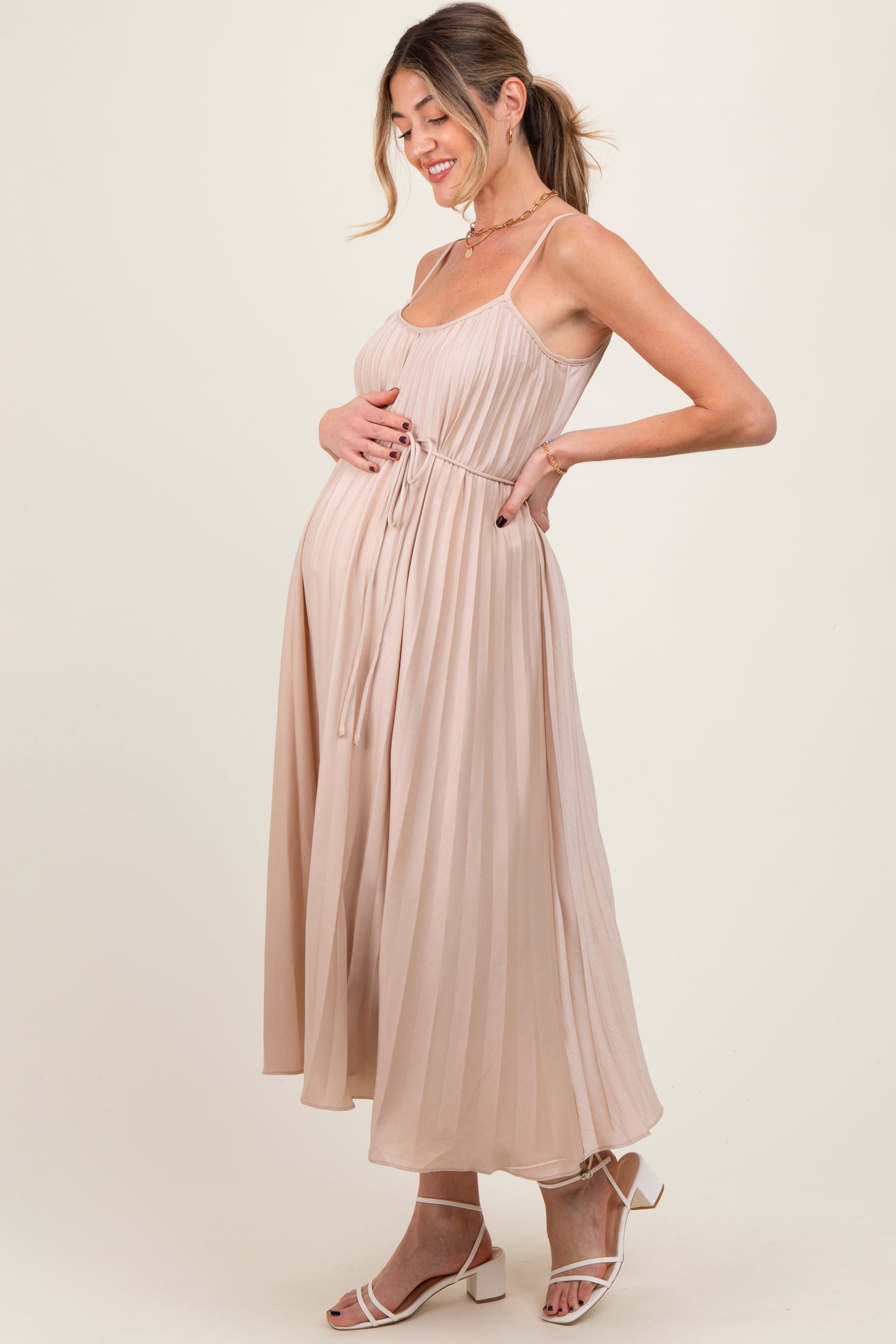 Beige Pleated Sash Tie Maternity Midi Dress