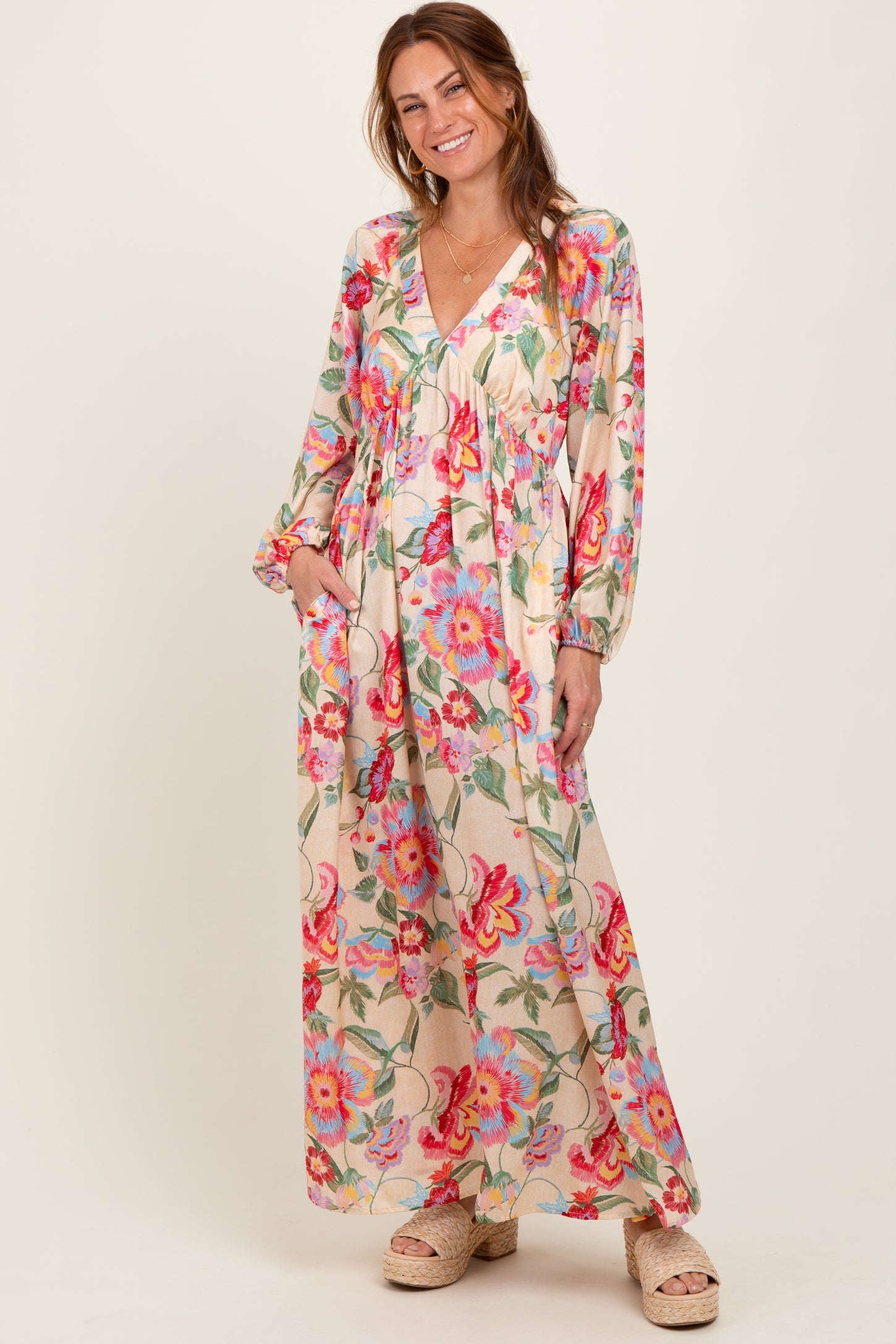Beige Floral V-Neck Long Sleeve Maxi Dress