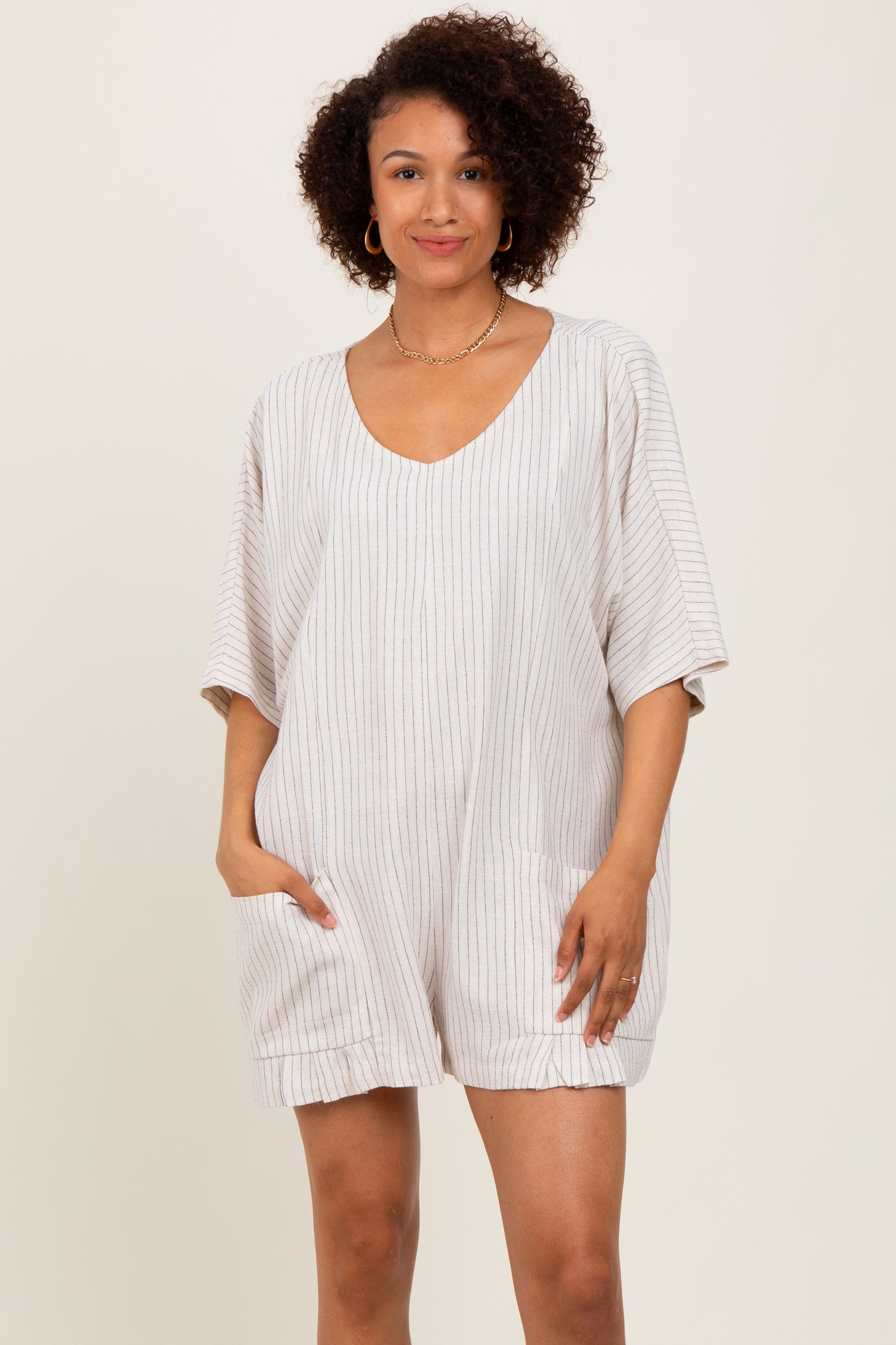 Beige Stripe Dolman Sleeve Linen Blend Romper