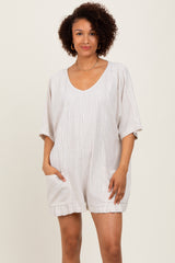 Beige Stripe Dolman Sleeve Linen Blend Romper