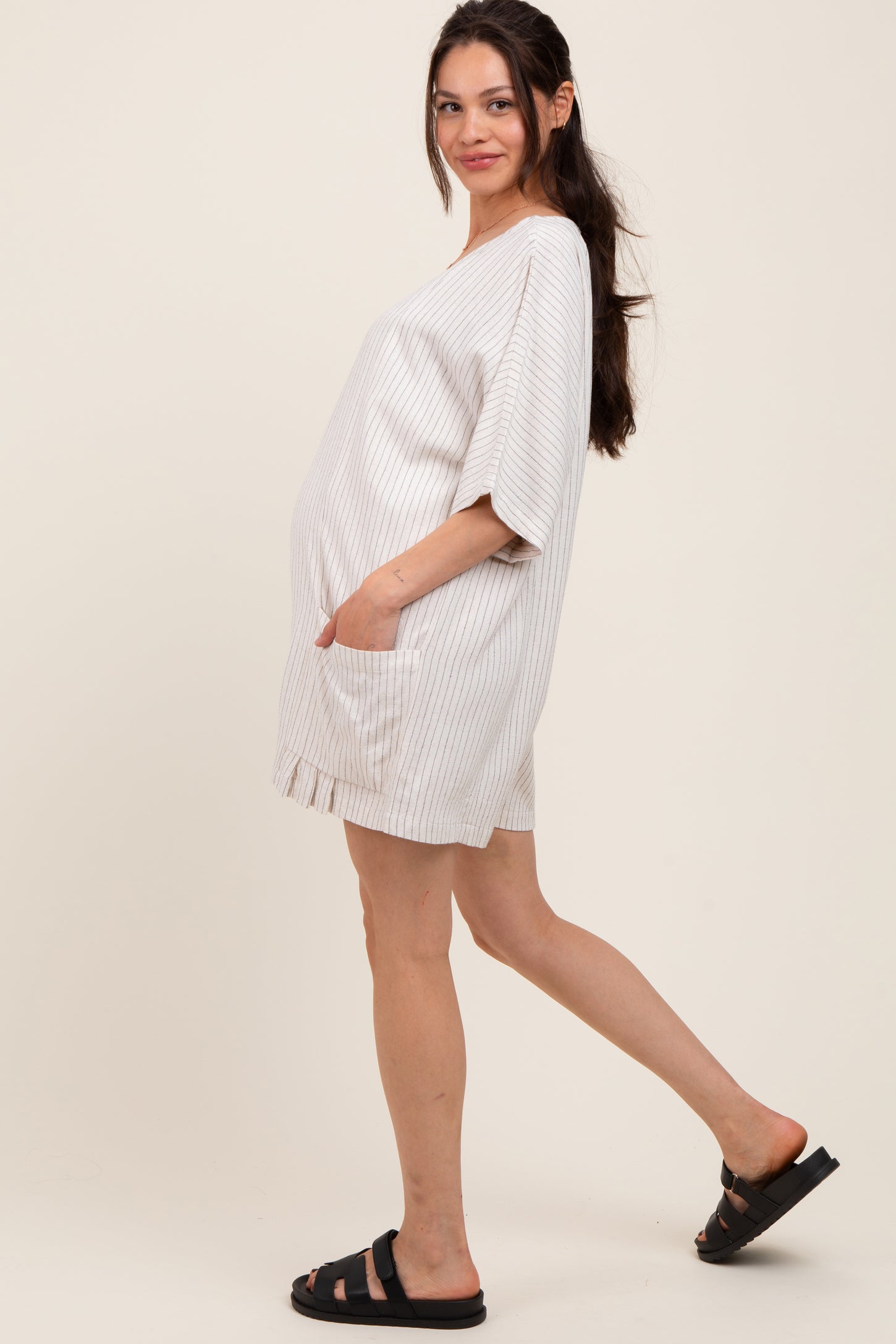 Beige Stripe Dolman Sleeve Linen Blend Maternity Romper