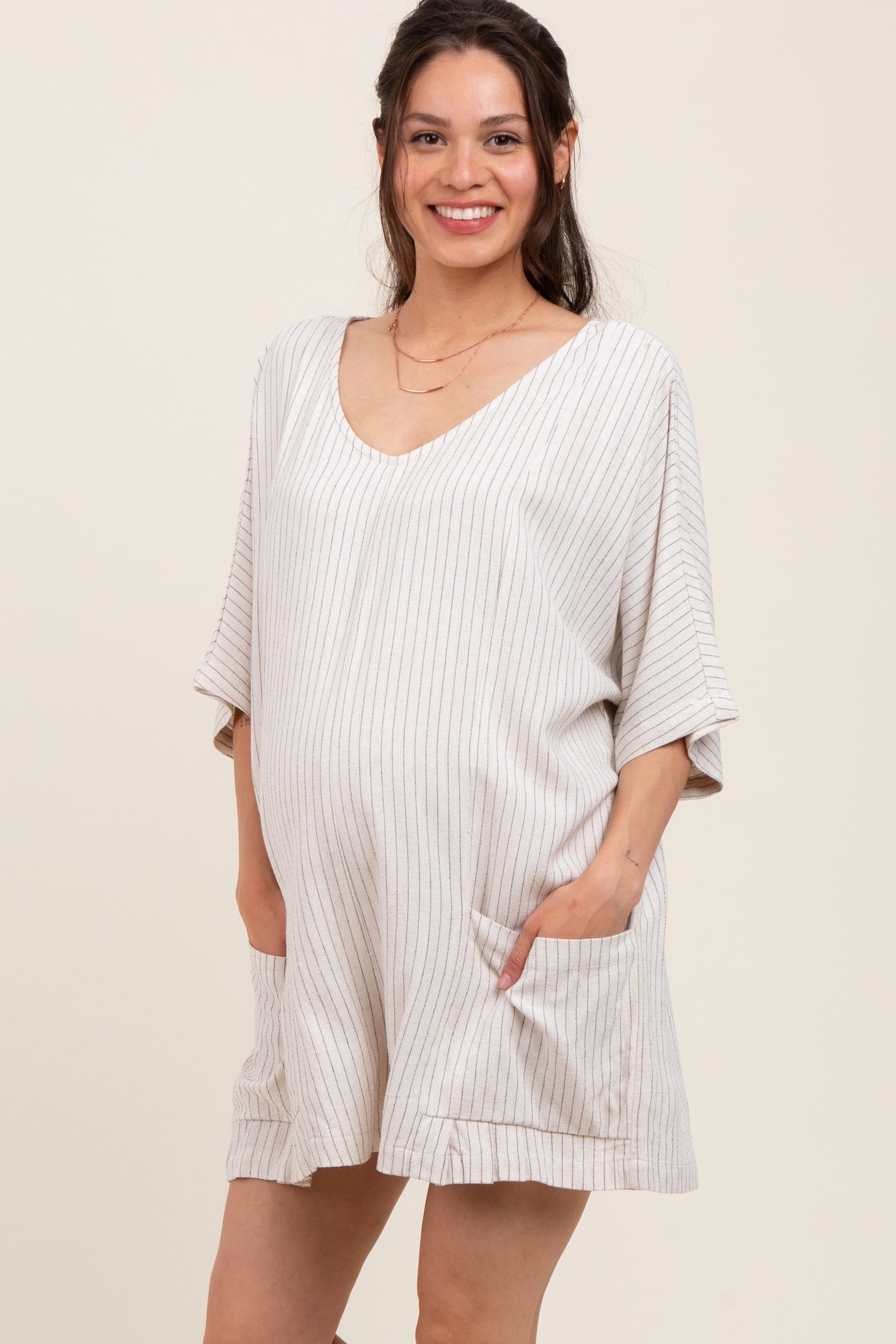 Beige Stripe Dolman Sleeve Linen Blend Maternity Romper