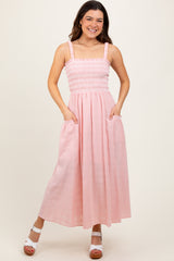 Light Pink Smocked Embroidered Bust Textured Maternity Midi Dress
