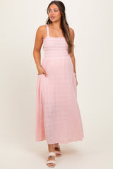 Light Pink Smocked Embroidered Bust Textured Maternity Midi Dress