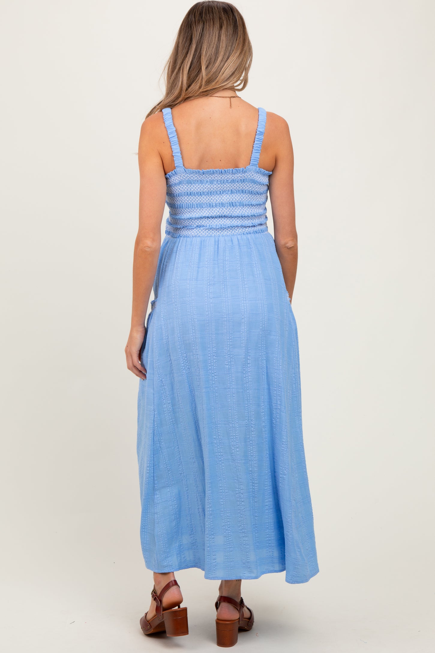 Blue Smocked Embroidered Bust Textured Maternity Midi Dress