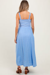 Blue Smocked Embroidered Bust Textured Maternity Midi Dress