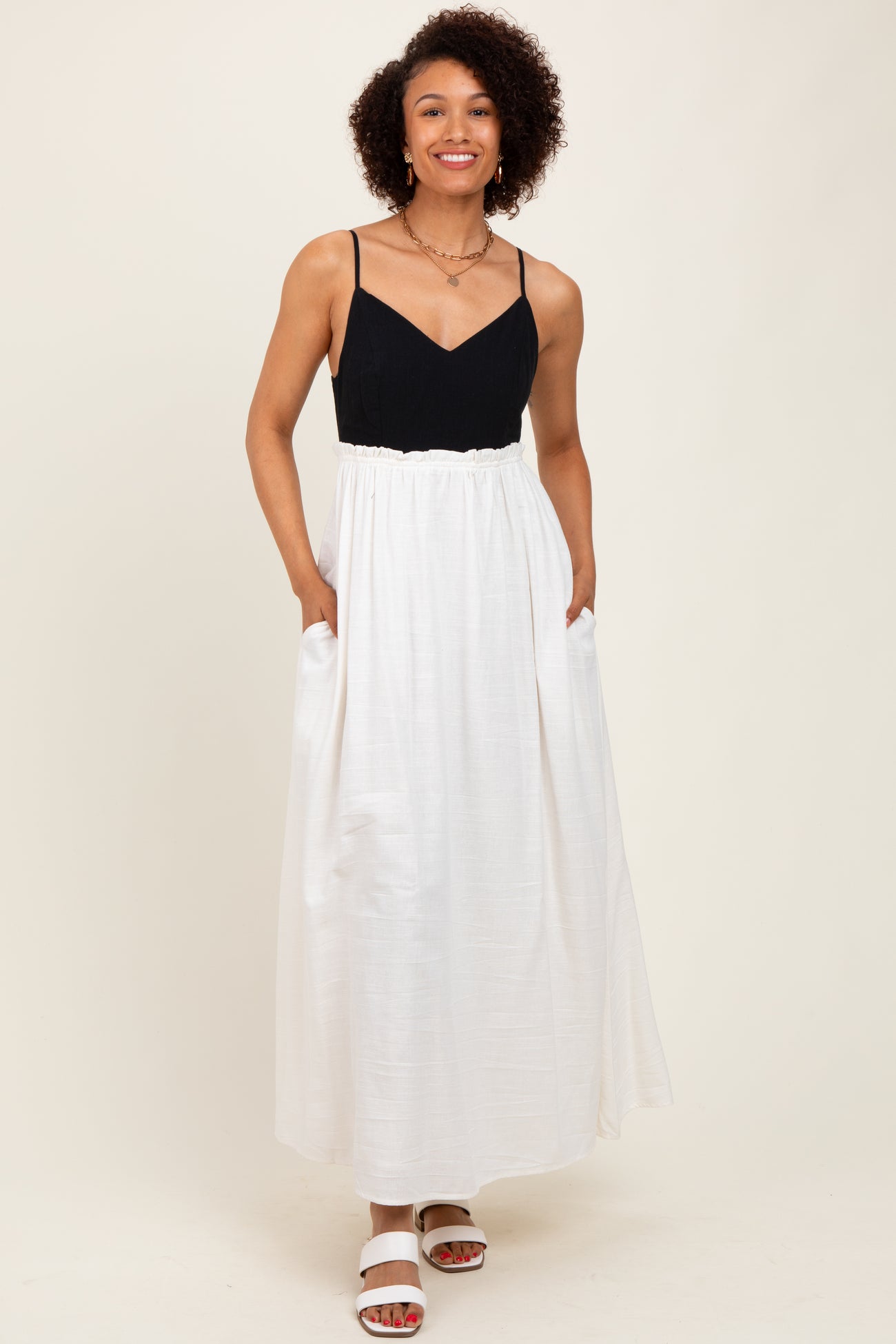 Cream Colorblock Open Tie Back Maxi Dress