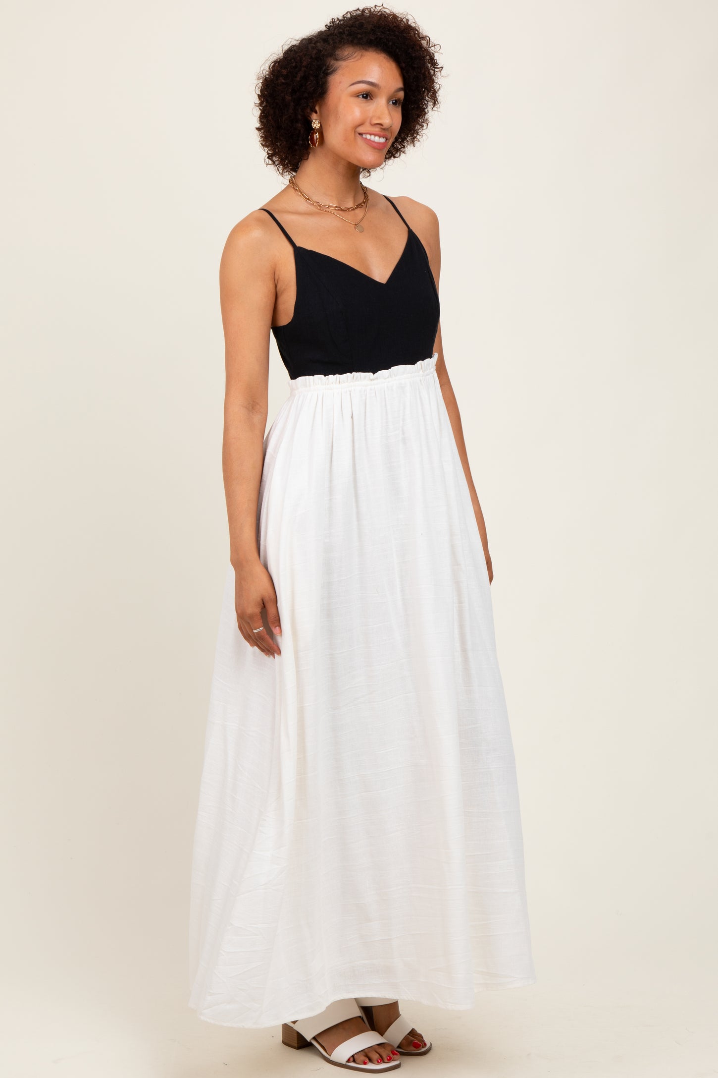 Cream Colorblock Open Tie Back Maxi Dress