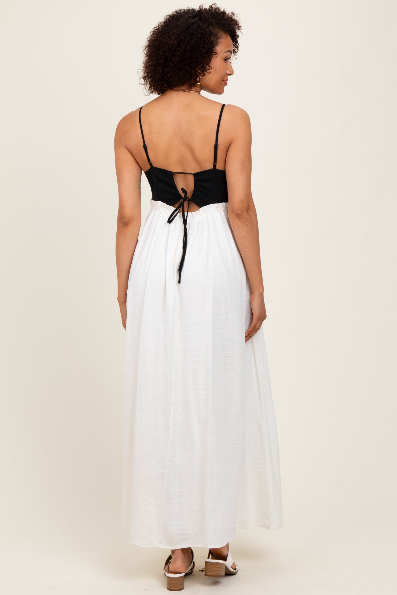 Cream Colorblock Open Tie Back Maxi Dress