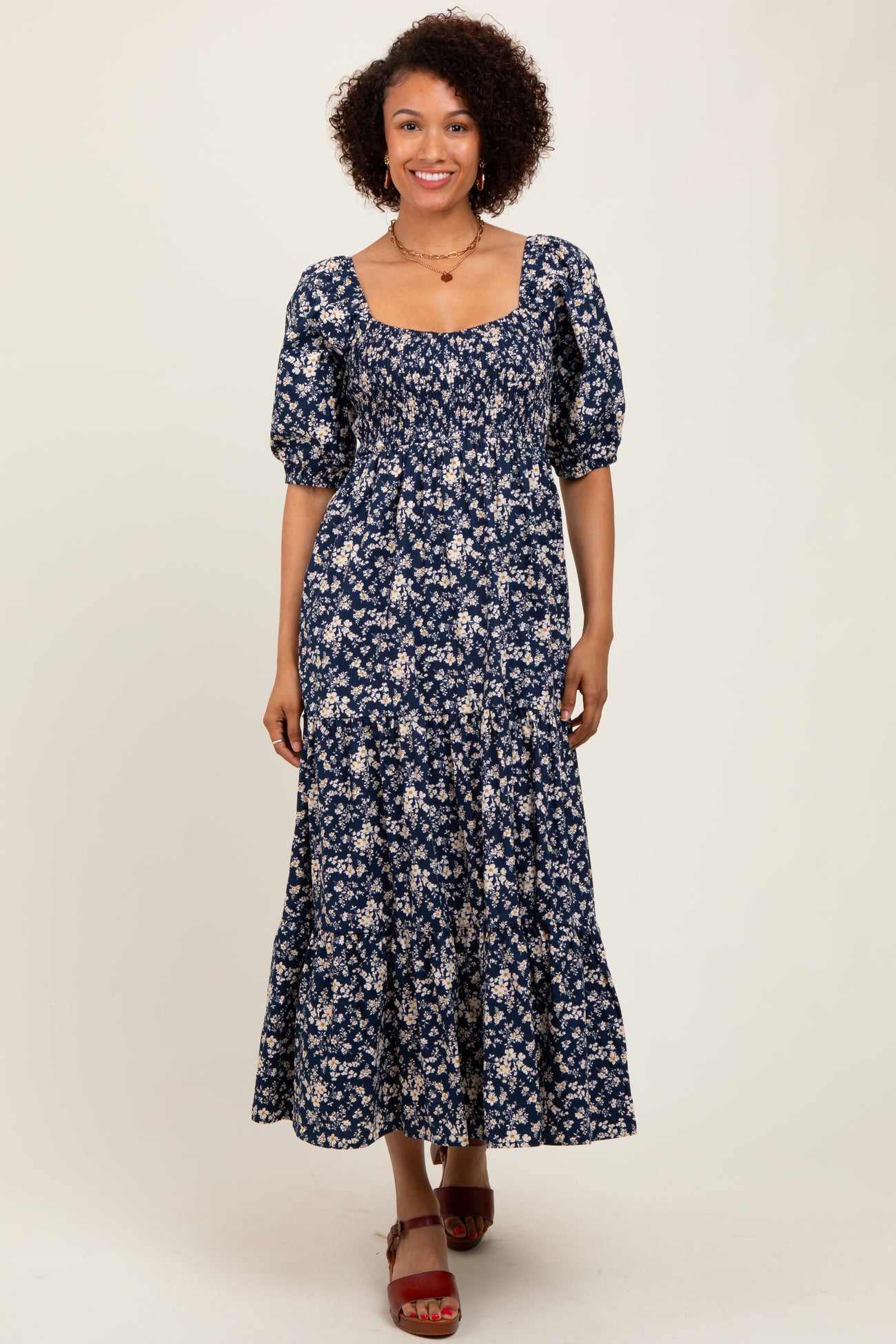 Blue Floral Smocked Puff Sleeve Maternity Maxi Dress