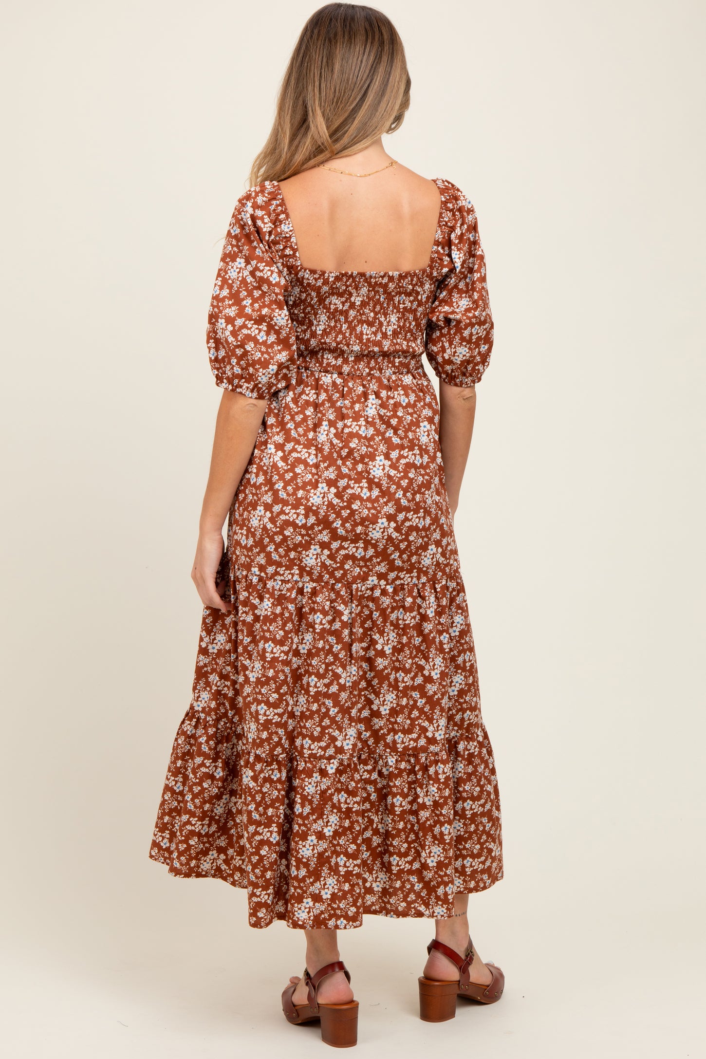 Rust Floral Smocked Puff Sleeve Maternity Maxi Dress