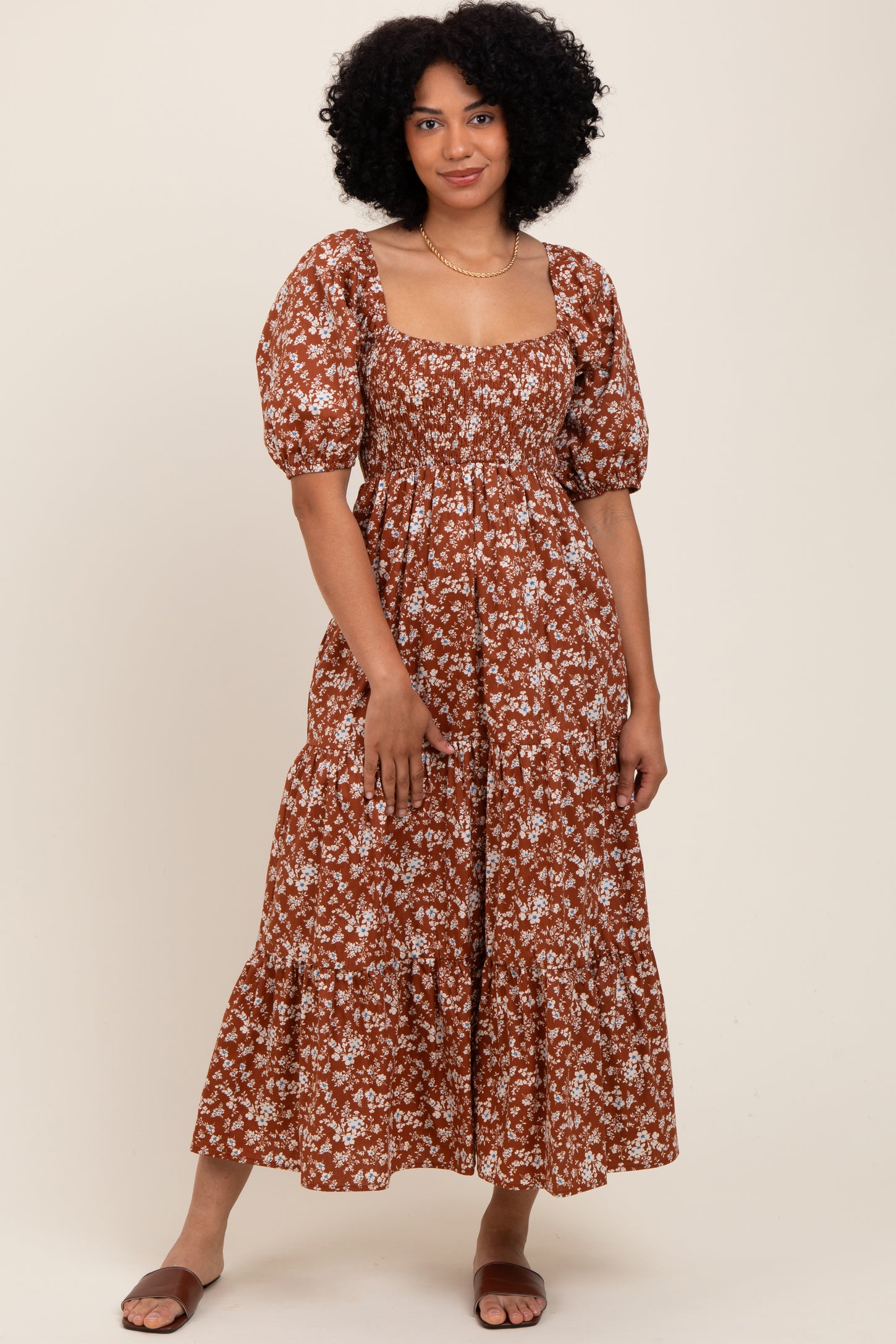 Rust Floral Smocked Puff Sleeve Maxi Dress