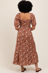 Rust Floral Smocked Puff Sleeve Maxi Dress