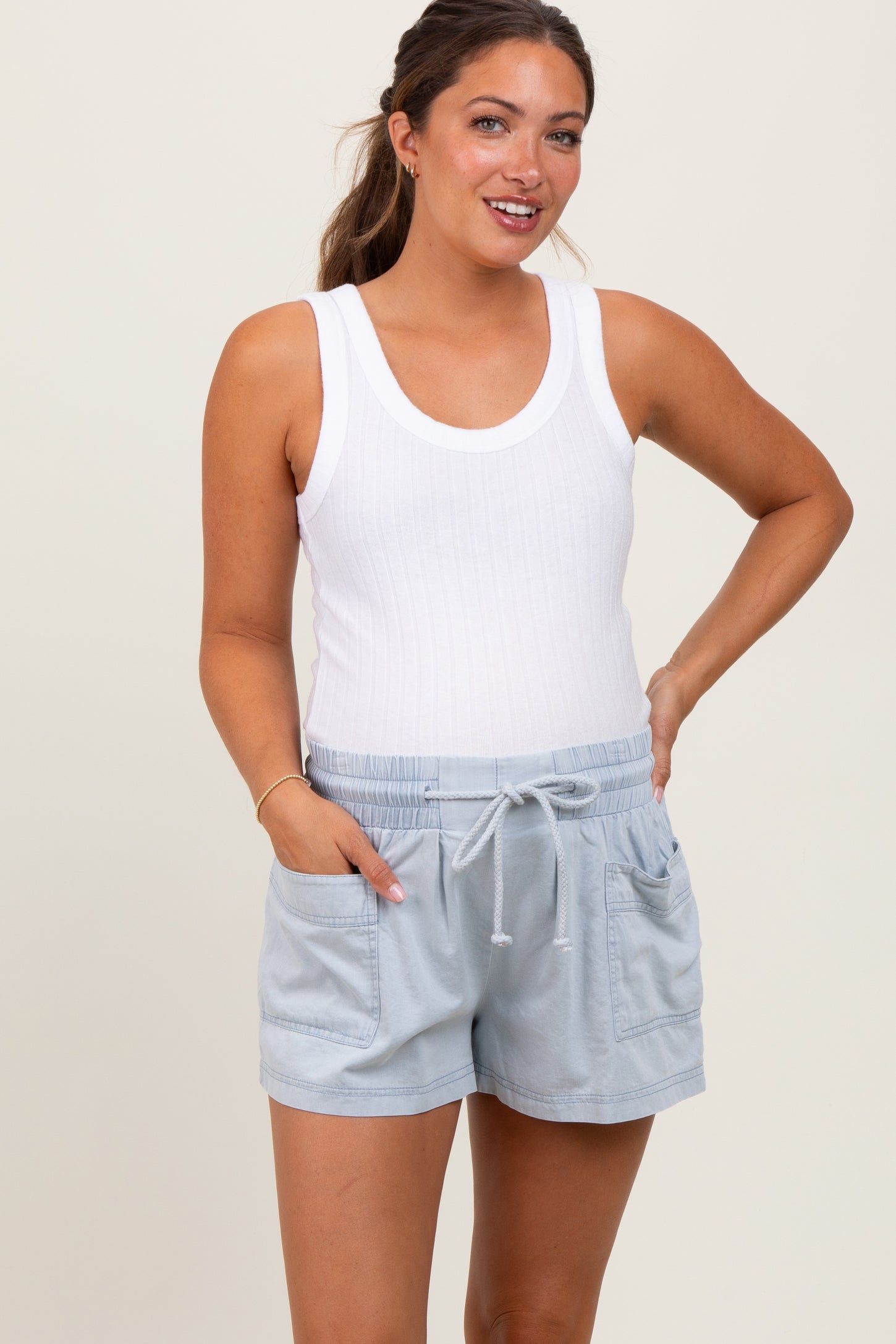 Light Blue Chambray Drawstring Front Pocket Maternity Shorts