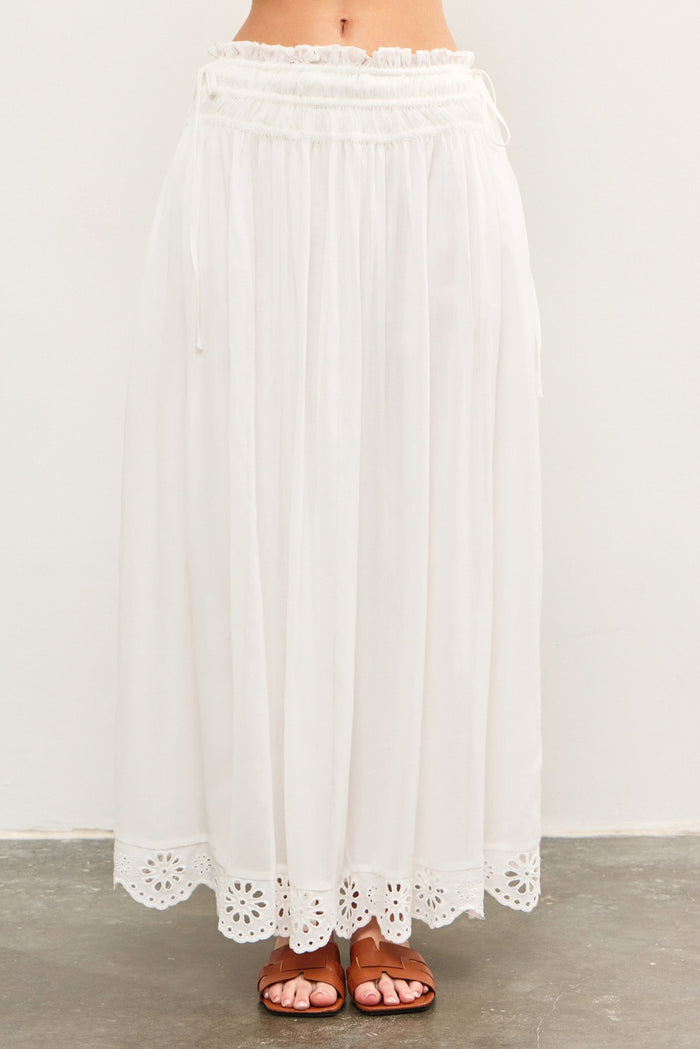 White Smocked Waist Eyelet Lace Hem Maxi Skirt