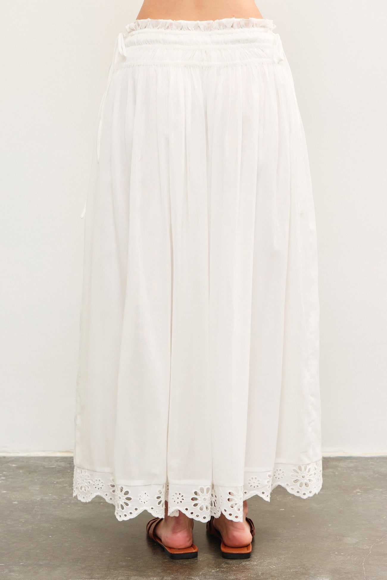 White Smocked Waist Eyelet Lace Hem Maxi Skirt