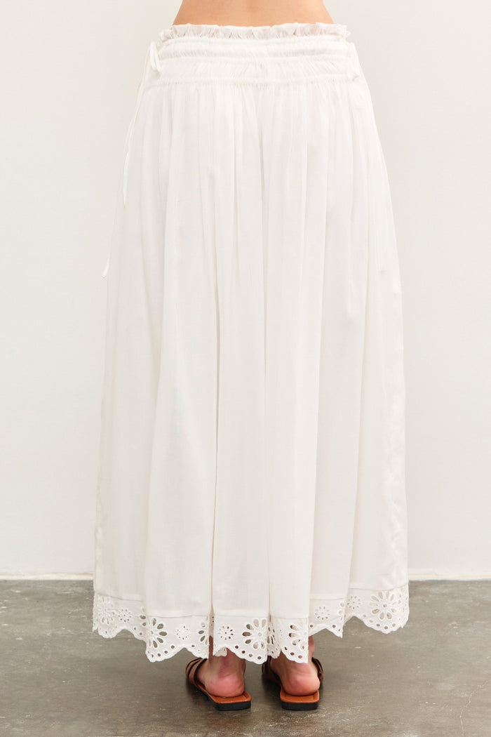 White Smocked Waist Eyelet Lace Hem Maxi Skirt