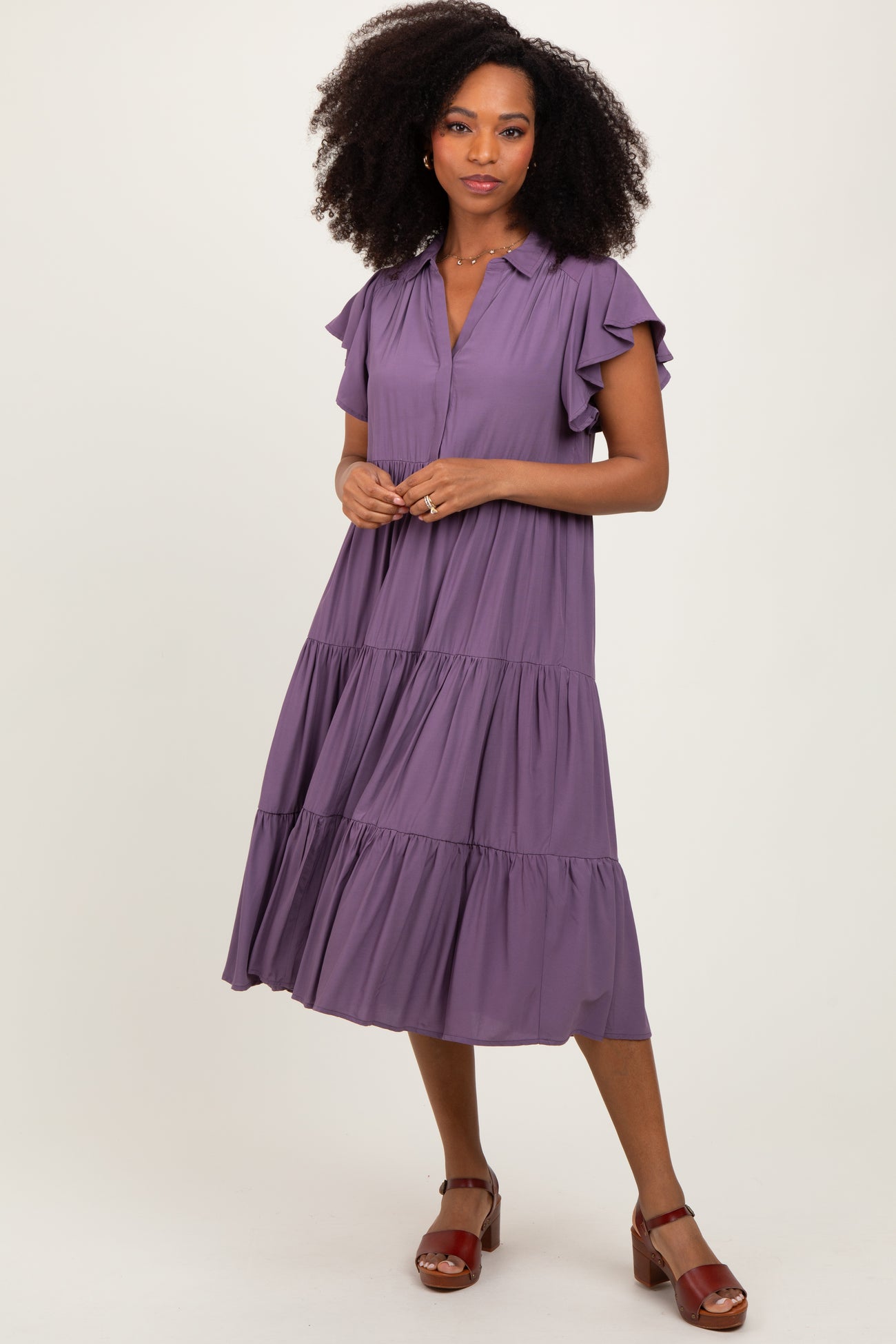 Plum Ruffle Sleeve V-Neck Tiered Maternity Midi Dress