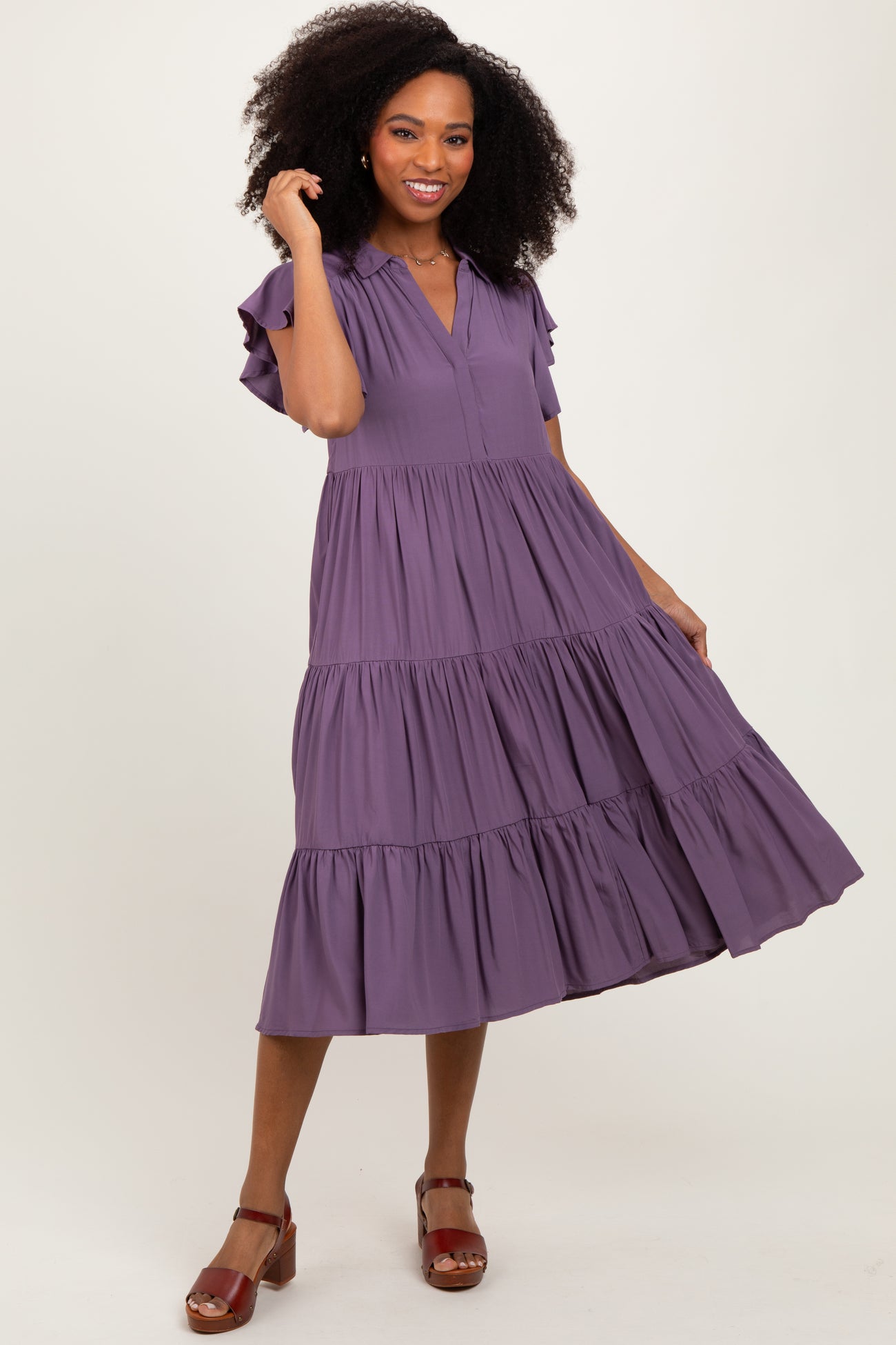 Plum Ruffle Sleeve V-Neck Tiered Midi Dress
