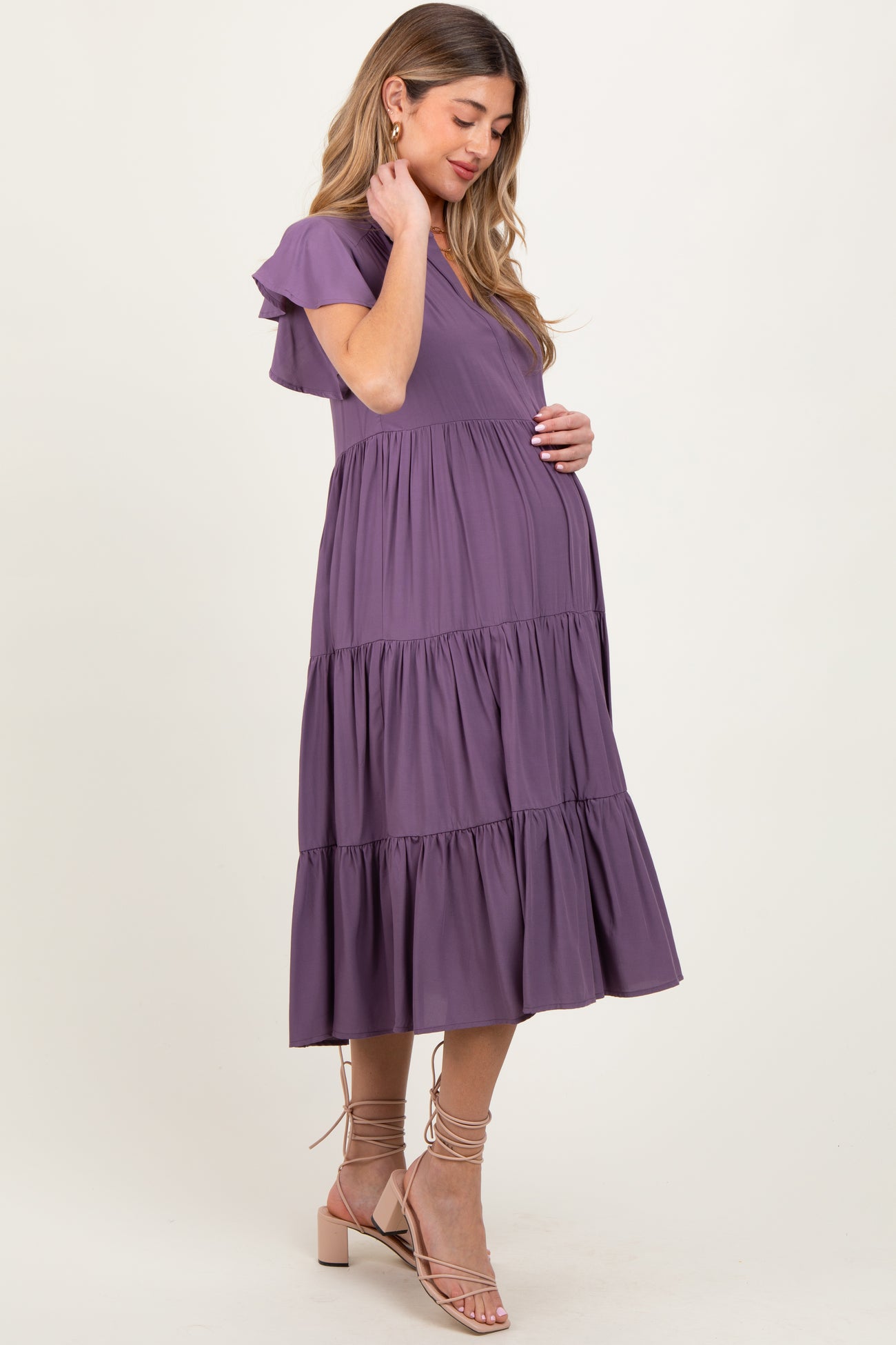 Plum Ruffle Sleeve V-Neck Tiered Maternity Midi Dress