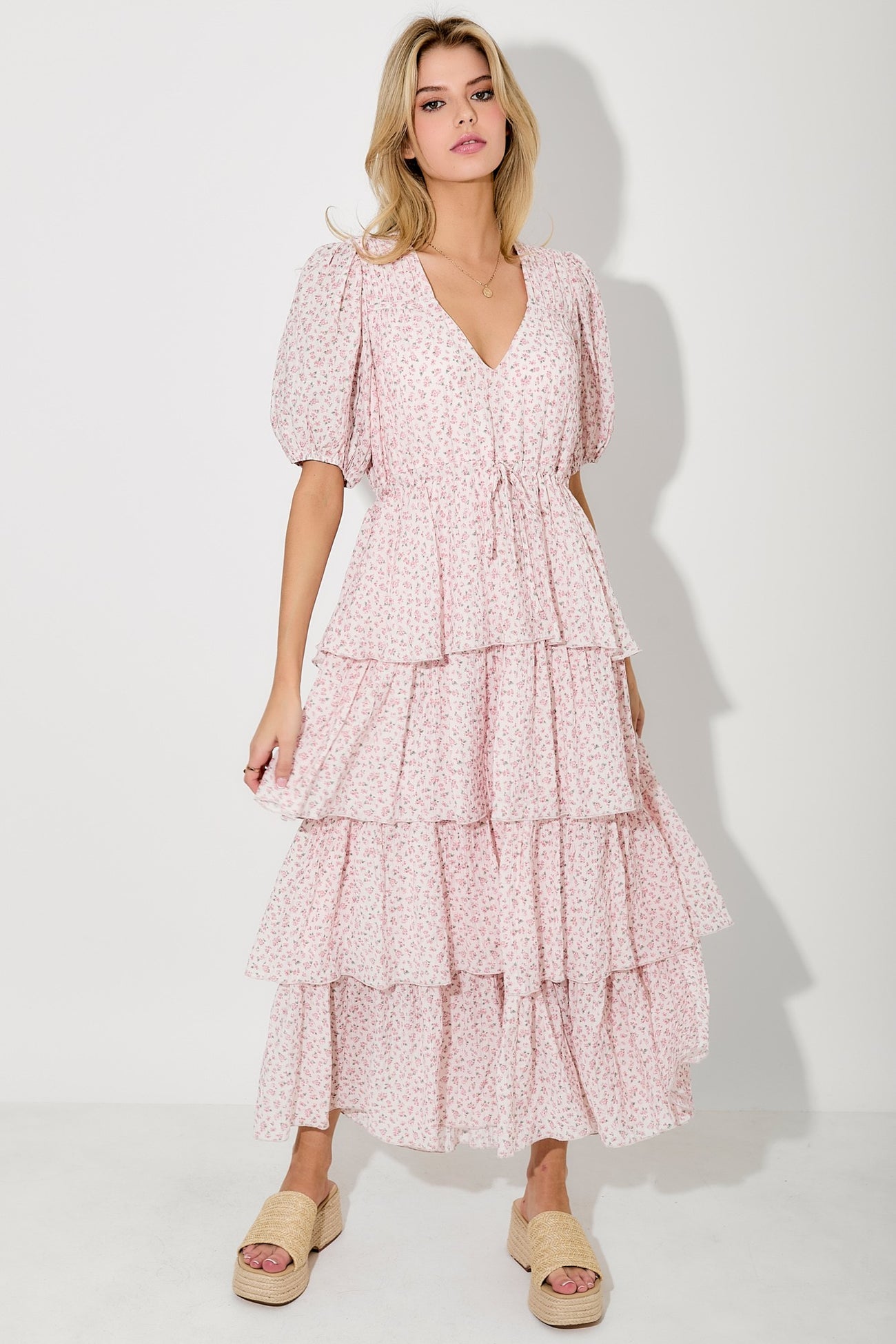 Light Pink Floral Ruffle Tiered Maternity Maxi Dress