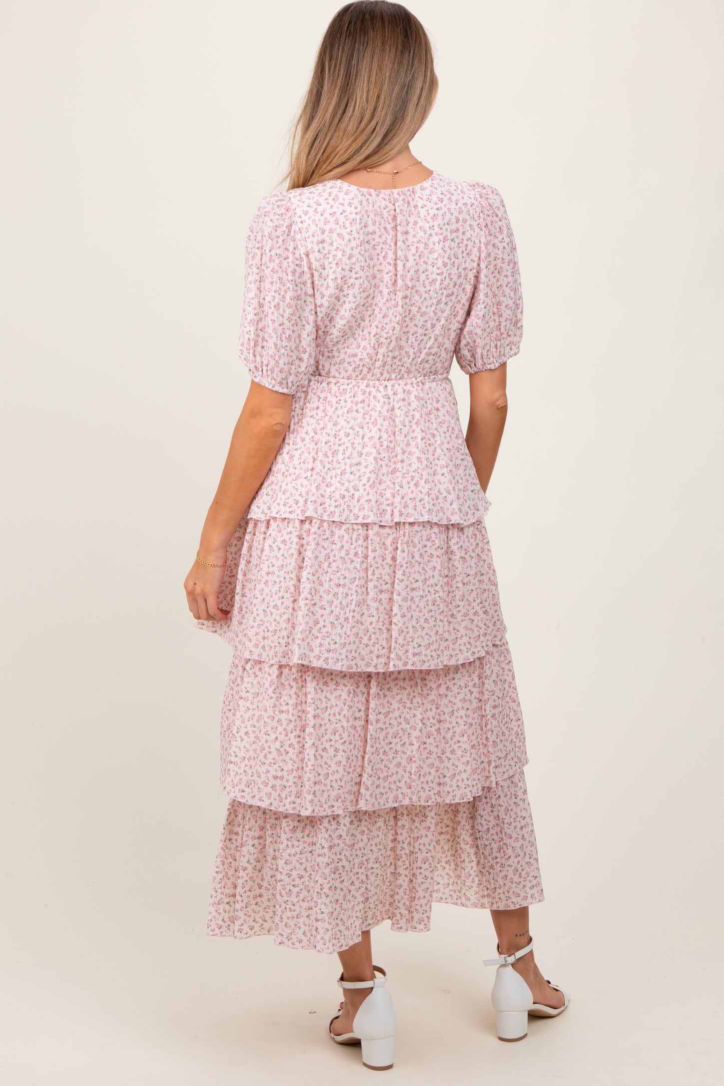 Light Pink Floral Ruffle Tiered Maternity Maxi Dress