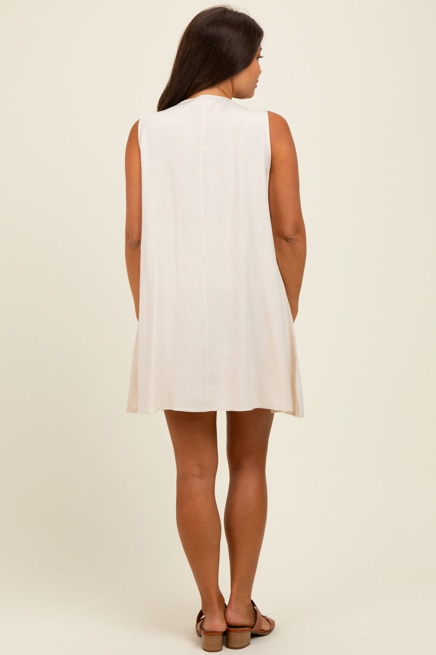Cream Pleated Front Tie Linen Blend Maternity Dress