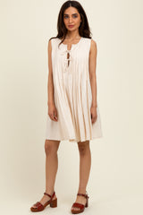 Cream Pleated Front Tie Linen Blend Dress