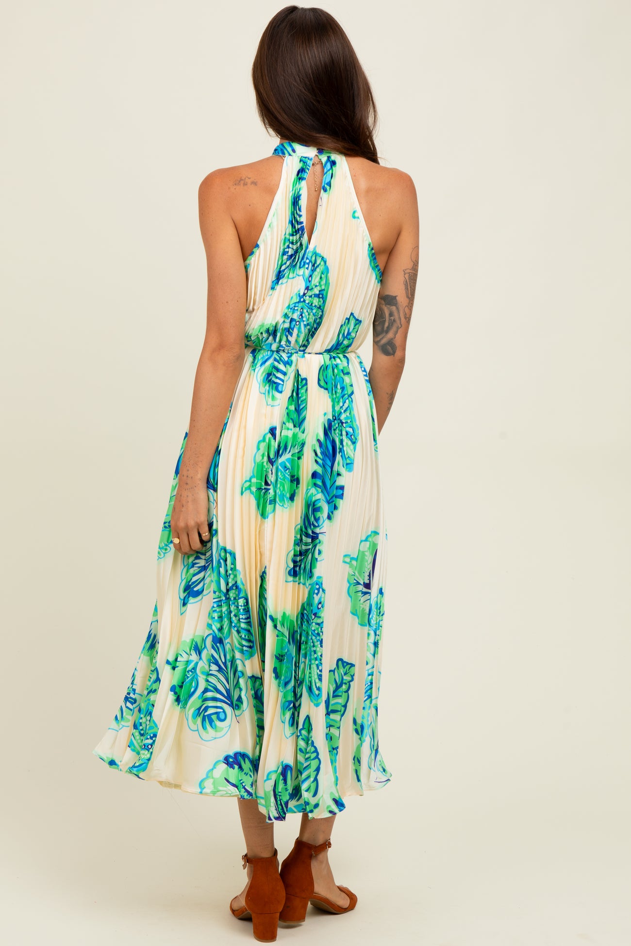 Blue Leaf Print Pleated Halter Midi Dress