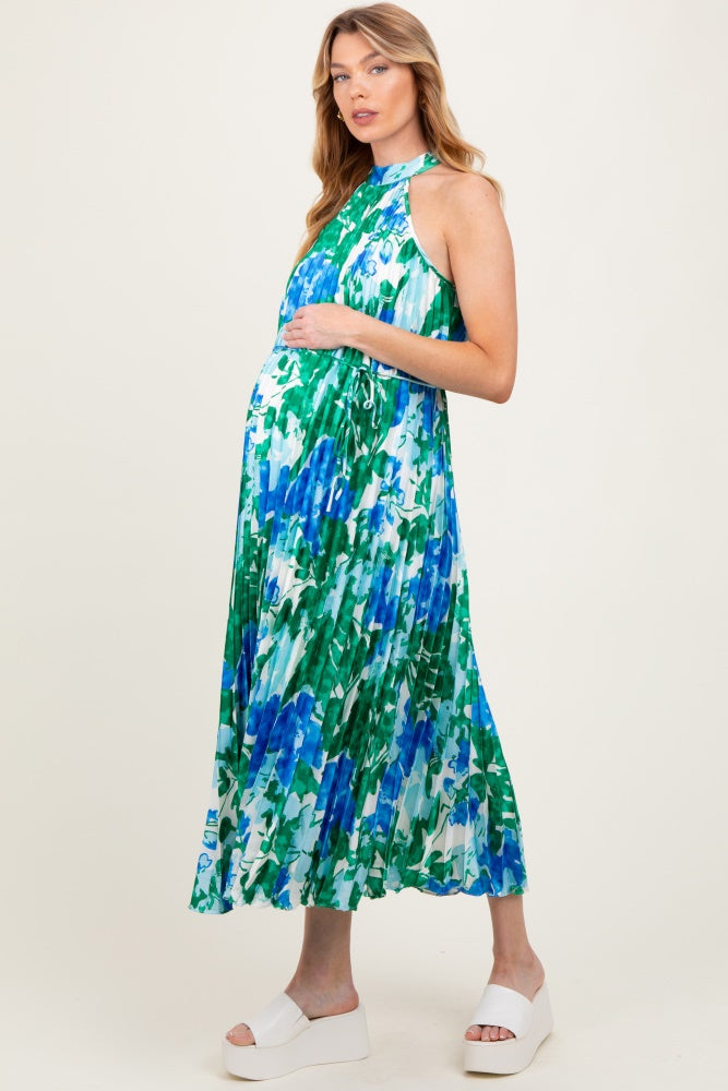 Blue Floral Satin Pleated Halter Neck Maternity Midi Dress