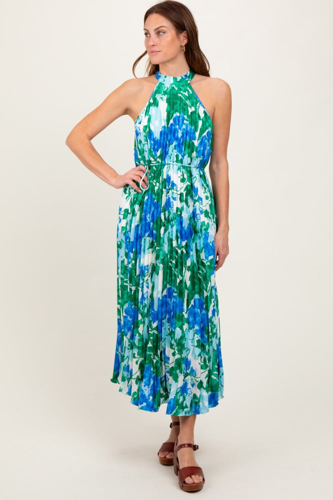 Blue Floral Satin Pleated Halter Neck Maternity Midi Dress