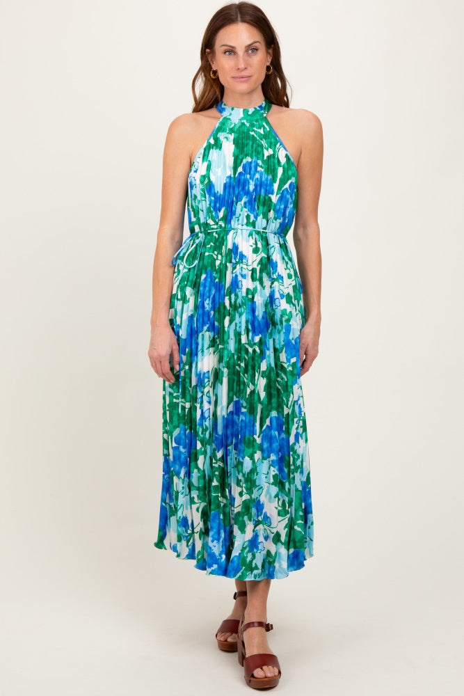 Blue Floral Satin Pleated Halter Neck Midi Dress