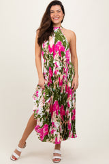 Fuchsia Floral Satin Pleated Halter Neck Maternity Midi Dress