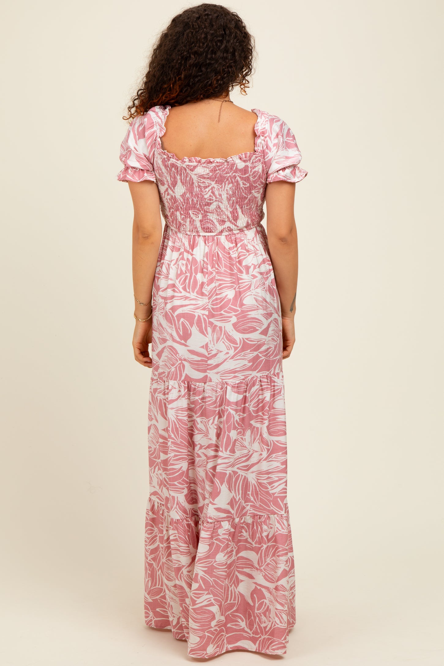Pink Tropical Print Smocked Front Tie Maternity Maxi Dress