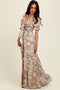 Taupe Tropical Print Smocked Front Tie Maxi Dress