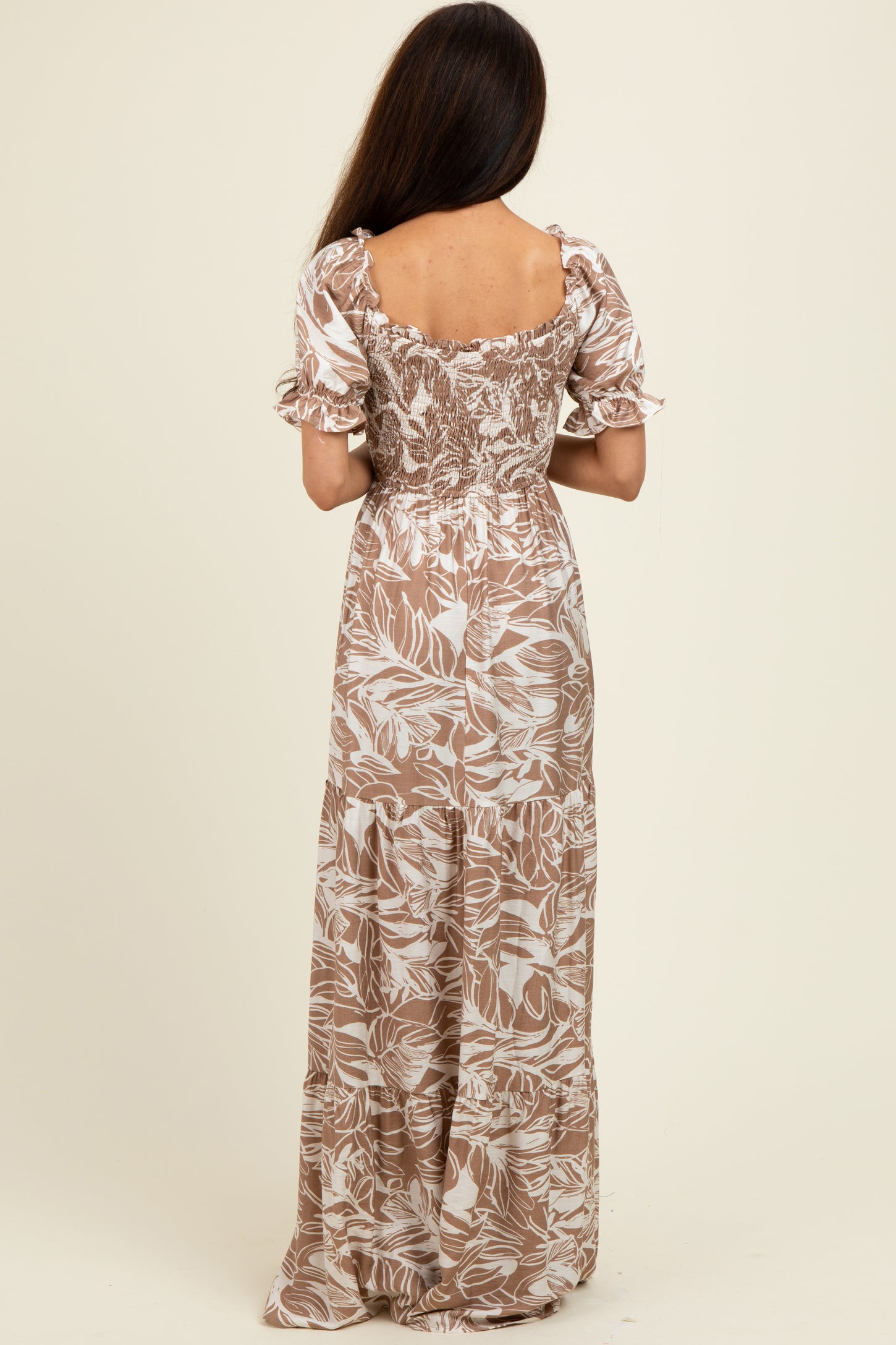 Taupe Tropical Print Smocked Front Tie Maxi Dress