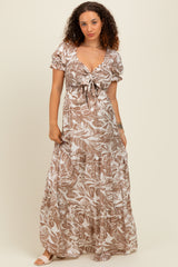 Taupe Tropical Print Smocked Front Tie Maternity Maxi Dress