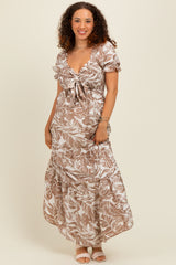 Taupe Tropical Print Smocked Front Tie Maternity Maxi Dress