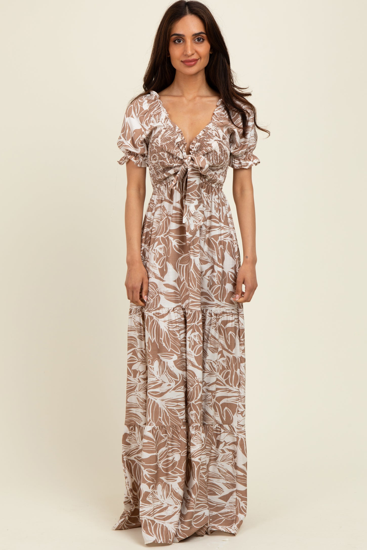 Taupe Tropical Print Smocked Front Tie Maxi Dress