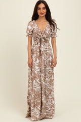 Taupe Tropical Print Smocked Front Tie Maxi Dress