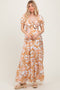 Taupe Floral Smocked Front Tie Maxi Dress