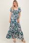 Teal Floral Smocked Front Tie Maxi Dress